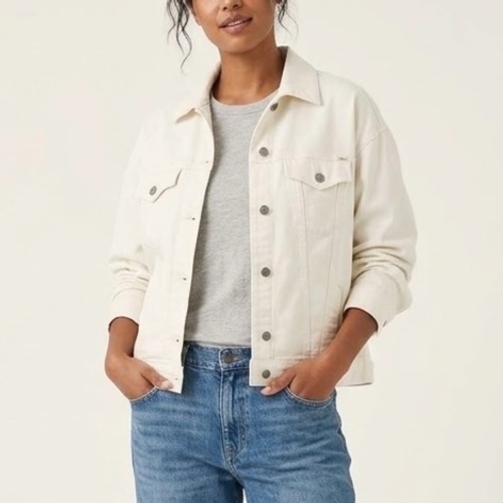 Faherty Women Stretch Terry Trucker Jacket Egret Cream Cotton Blend Size Medium